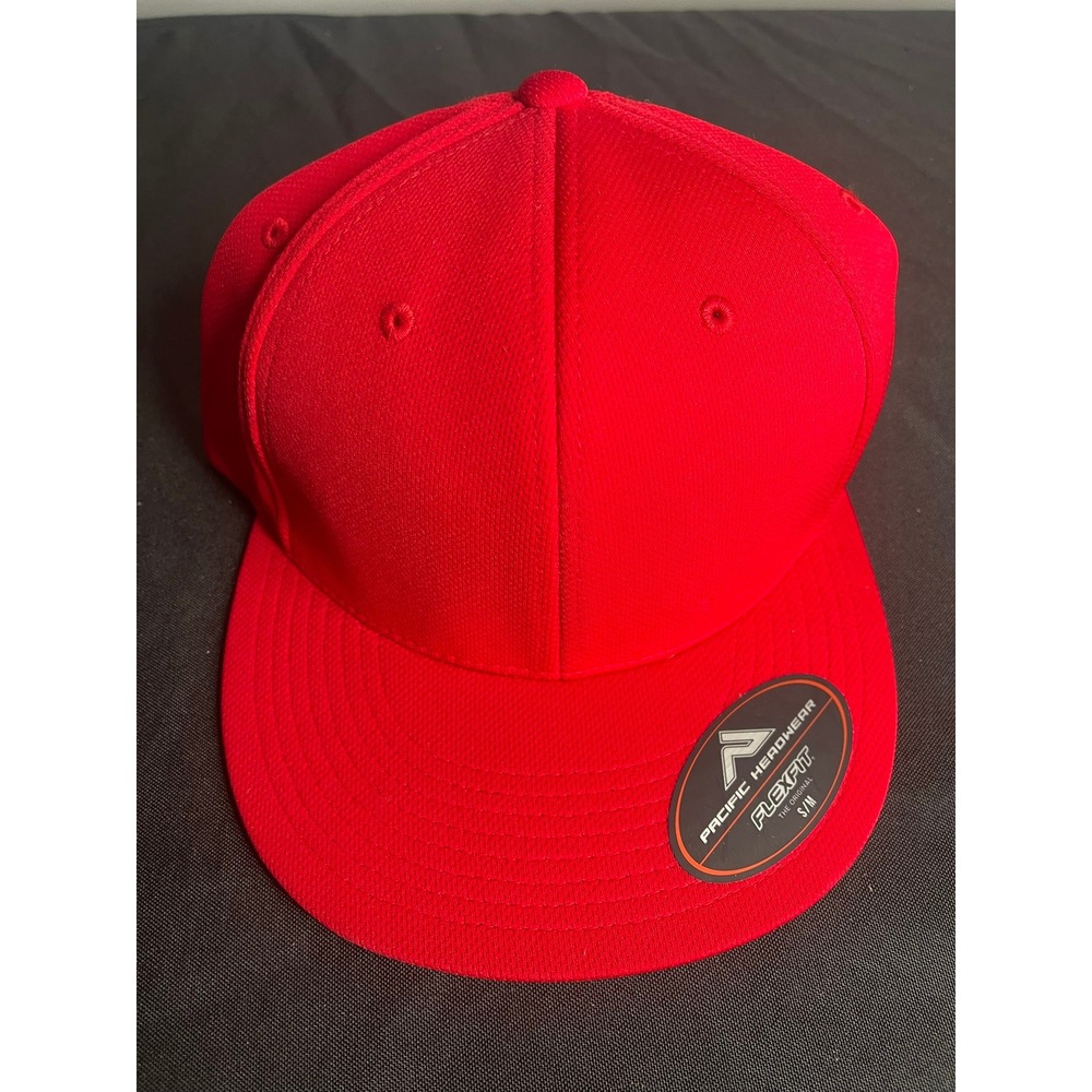 Pacific Headwear ES342 Flexfit Red Baseball Cap Hat S/M Flat Bill Structured